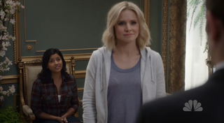 l-r: Real Eleanor (Tiya Sircar), Fake Eleanor (Kristen Bell) (Screenshot: NBC)